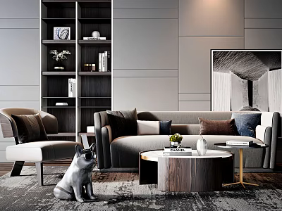 Modern Living Room Sofa And Coffee Table Set With Armchair Bookshelf And Decorative Rug 3d model
