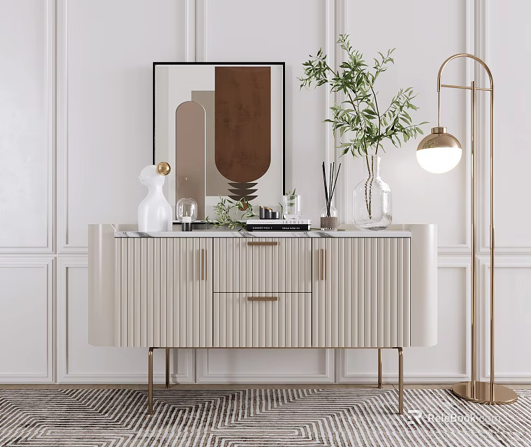 Modern Elegant Entryway Cabinet Sideboard With Striped Design Golden Legs Decorative Mirror And Potted Plant 3d model 