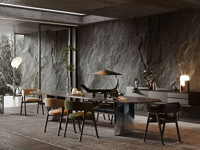 Modern Restaurant Interior With Dining Table Colorful Chairs Stone Wall And Pendant Light 3d model