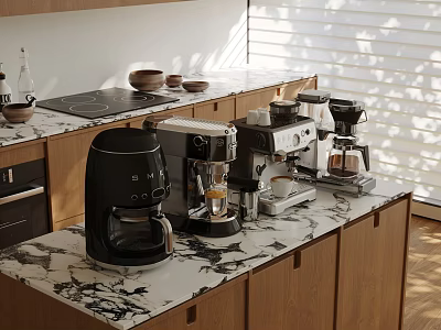 Modern Kitchen Interior With Marble Countertop And Multiple Kitchen Appliances Setup 3d model