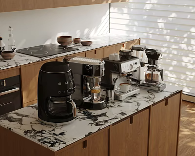Modern Kitchen Interior With Marble Countertop And Multiple Kitchen Appliances Setup 3d model