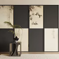 Modern Bamboo Pattern Room Divider with Black Frame Beige Panels and Small Table Plant 3d model