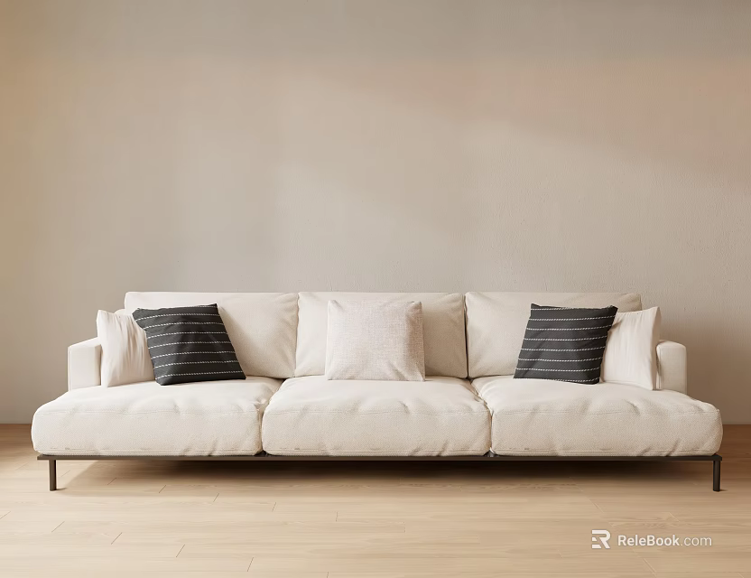 Beige Three Seater Sofa With Black Striped Cushions Black Metal Legs And Wooden Floor 3d model 