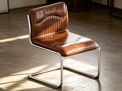 Brown Leather Single Chair With Stitched Design And Metal Frame On Sunlit Floor 3d model