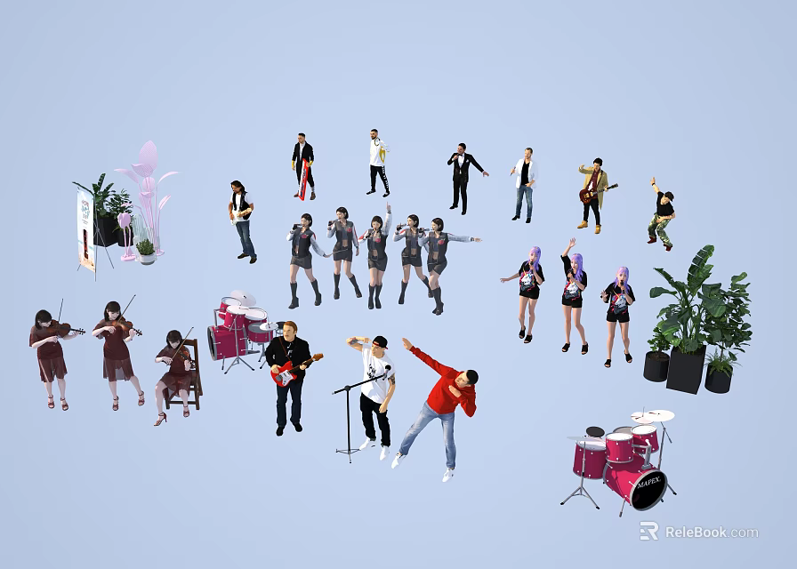 Group of People Performing Music Dance and Singing with Violins Drums and Plants 3d model 