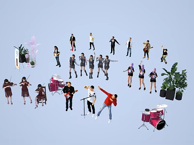 Group of People Performing Music Dance and Singing with Violins Drums and Plants 3d model