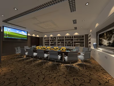 Modern Conference Room Interior With Long Table Comfortable Chairs Large Screen And Bookshelves 3d model