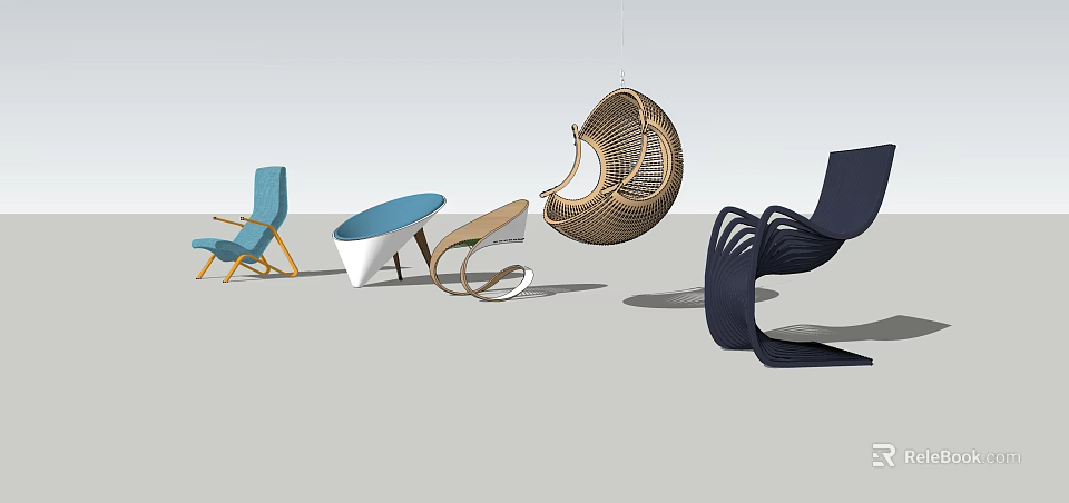 Stylish Single Chairs With Modern Design Wicker Hanging And Blue Accent 3d model