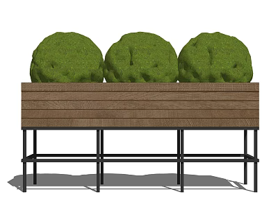 Three Round Green Bonsai Plants in Wooden Planter with Black Metal Stand 3d model