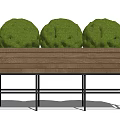 Three Round Green Bonsai Plants in Wooden Planter with Black Metal Stand