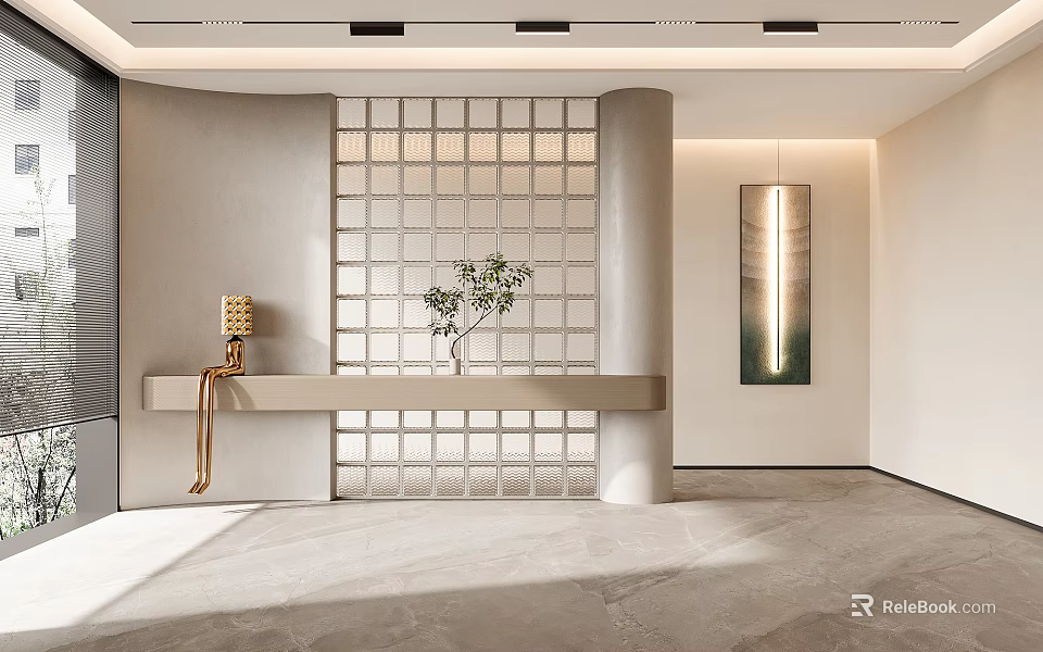 Modern Entryway Design With Curved Wall Glass Grid Screen Cylindrical Column And Gold Table Lamp 3d model 