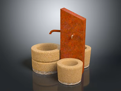 Garden Decor Pieces With Red Panel Faucet And Stacked Cylindrical Stone Containers 3d model