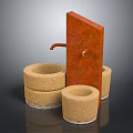 Garden Decor Pieces With Red Panel Faucet And Stacked Cylindrical Stone Containers