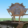 Lotus Shaped Wooden House by Waterfront with Open Design and Wooden Platform Under Cloudy Sky
