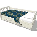 White Kids Bed With Guardrails Blue Quilt Gold Leaf Pattern And Drawers
