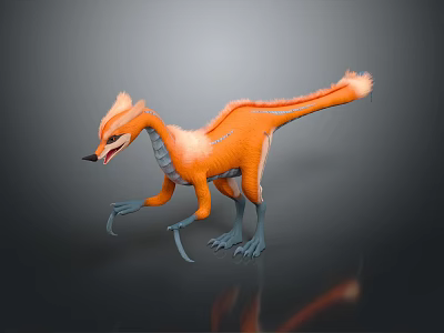 3D Rendered Orange Feathered Dinosaur like Creature With Blue Claws And Sharp Teeth 3d model