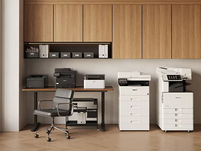 Modern Office Interior With Wooden Cabinets White Filing Cabinets Printers And Office Desk 3d model