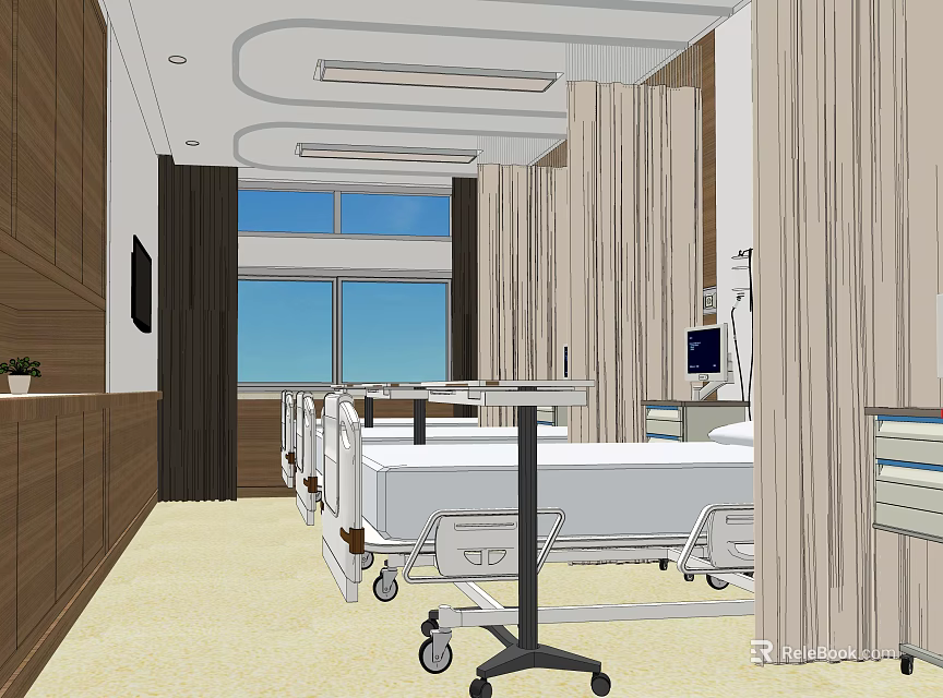 Bright Modern Hospital Ward Interior With Hospital Bed Medical Equipment Window And Wooden Decor 3d model 