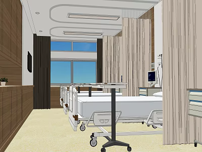 Bright Modern Hospital Ward Interior With Hospital Bed Medical Equipment Window And Wooden Decor 3d model