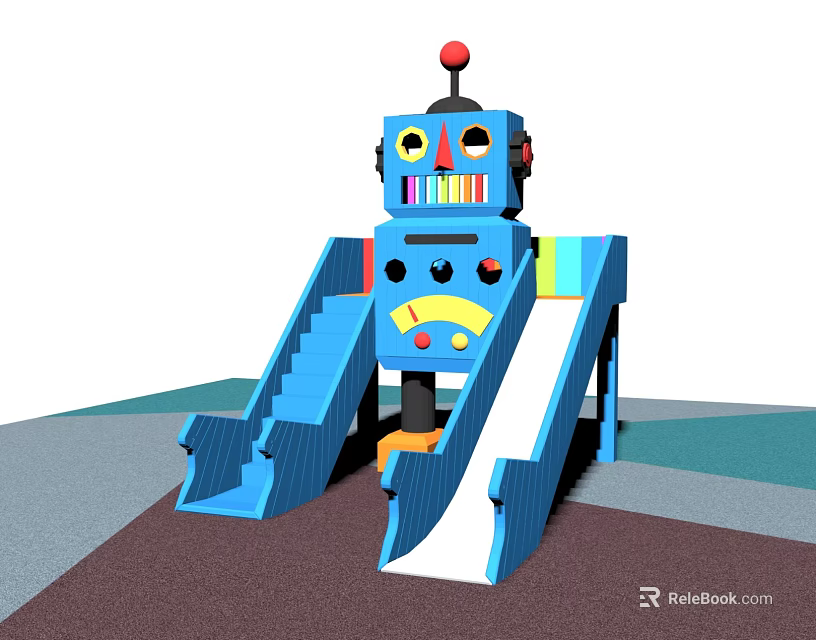 Robot Shaped Playground Equipment With Blue Red Yellow Slides In Park 3d model 