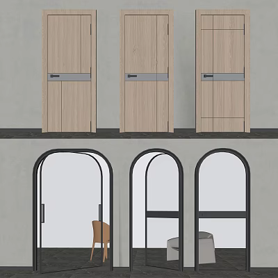 Wooden and Arched Hinged Doors with Metal Accents Black Frames Transparent Glass Gray Wall Interior 3d model