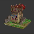 Cartoon Style Watchtower With Red Flag Wooden Roof Stones Staircase And Grass