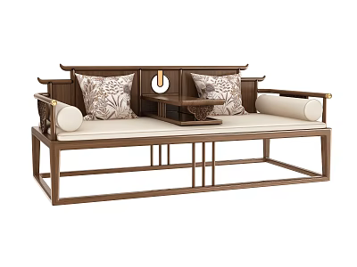 Chinese Style Double Sofa with Wooden Frame Floral Patterned Cushions Center Table Light Seat 3d model