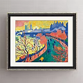Black Framed Landscape Painting Featuring Golden Wheat Field With Green Trees And Blue Sky Background