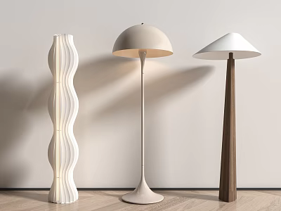 Modern Floor Lamps With Wave Design Beige Shade And Wooden Pole In Interior 3d model