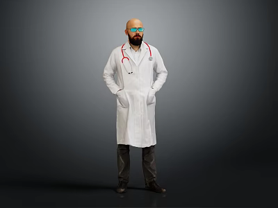 A Bald Man Wearing Blue Glasses In White Doctor Coat With Stethoscope Against Gray Background 3d model