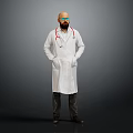 A Bald Man Wearing Blue Glasses In White Doctor Coat With Stethoscope Against Gray Background