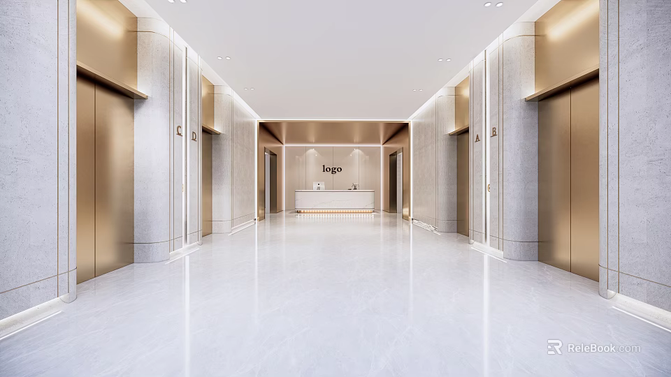 Modern Elegant Elevator Lobby Interior With Spacious Marble Flooring And Gold Doors 3d model