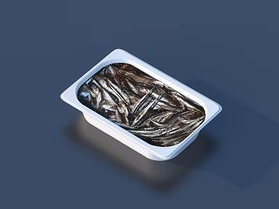 Small Silver Fish Seafood Packaged in White Plastic Container on Dark Background 3d model