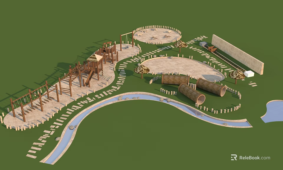 Natural Children's Play Area Design With Wooden Structures Sand Pits Water Channels And Grass 3d model 