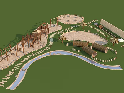 Natural Children's Play Area Design With Wooden Structures Sand Pits Water Channels And Grass 3d model
