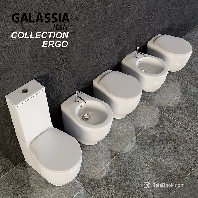 Modern Toilet and Bidet Series in Italy Ergo Collection with Gray Tiles 3d model 