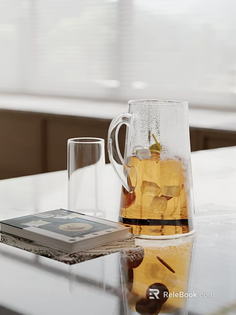 Transparent Glass Decorative Ornament Set with Pitcher Cup Ice Cubes Leaf and Book on Tabletop 3d model 