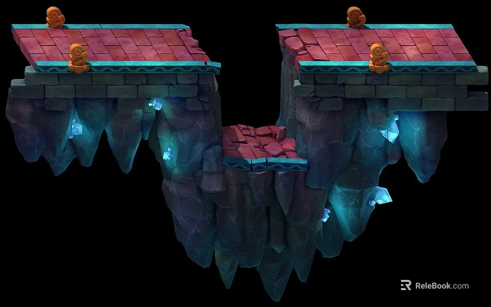 2D Game Scene With Cliffs Brick Platforms Glowing Ores And Small Monsters 3d model 
