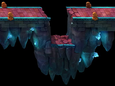 2D Game Scene With Cliffs Brick Platforms Glowing Ores And Small Monsters 3d model