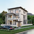 Modern Two Story Detached Villa With Lush Greenery Large Windows And Front Driveway