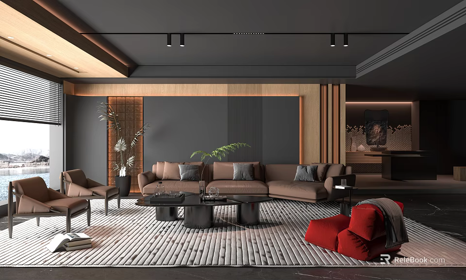 Elegant Modern Living Room Interior With Beige Sofa Coffee Table Red Armchair And Potted Plant 3d model 