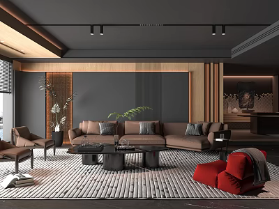 Elegant Modern Living Room Interior With Beige Sofa Coffee Table Red Armchair And Potted Plant 3d model