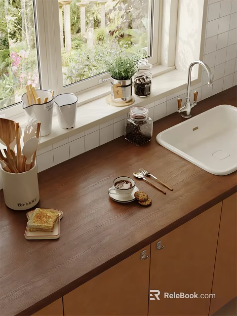 Essential Kitchen Utensils Including Wooden Spoons on Countertop with Coffee Cup and Sink 3d model 