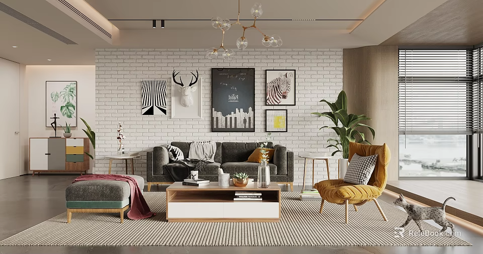 Modern Living Room Interior With White Brick Wall Decorative Paintings Grey Sofa And Yellow Armchair 3d model 