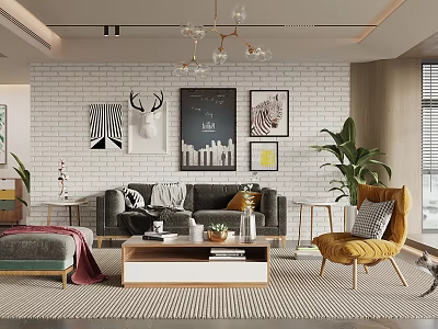 Modern Living Room Interior With White Brick Wall Decorative Paintings Grey Sofa And Yellow Armchair 3d model