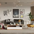 Modern Living Room Interior With White Brick Wall Decorative Paintings Grey Sofa And Yellow Armchair