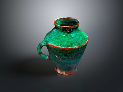 Handcrafted Green Glazed Ceramic Vase Sculpture Carving With Handle And Artistic Design 3d model