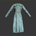Man Modeling Turquoise Floral Long Sleeve Dress With Belt And Collar Design
