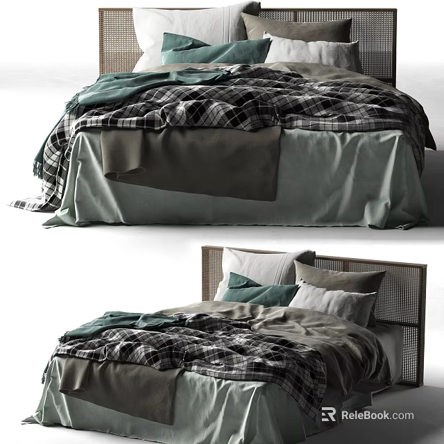 Modern Double Bed with Wicker Headboard Plaid Quilt and Green Gray Pillows 3d model 