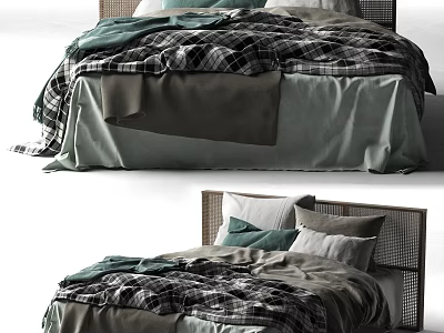 Modern Double Bed with Wicker Headboard Plaid Quilt and Green Gray Pillows 3d model